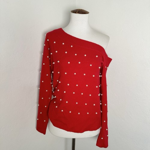 Suéter de Lujo Cashmere Charter Club Para Mujer Pequeño Rojo Holida Perlas Fuera del Hombro - Imagen 2 de 6