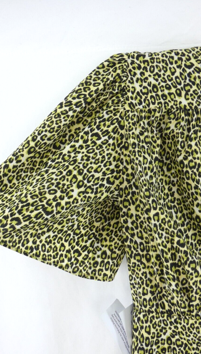 Topshop Dress Leopard Lime Green Animal Print Flutter Sleeve Satin BNWT UK  4 | eBay UK