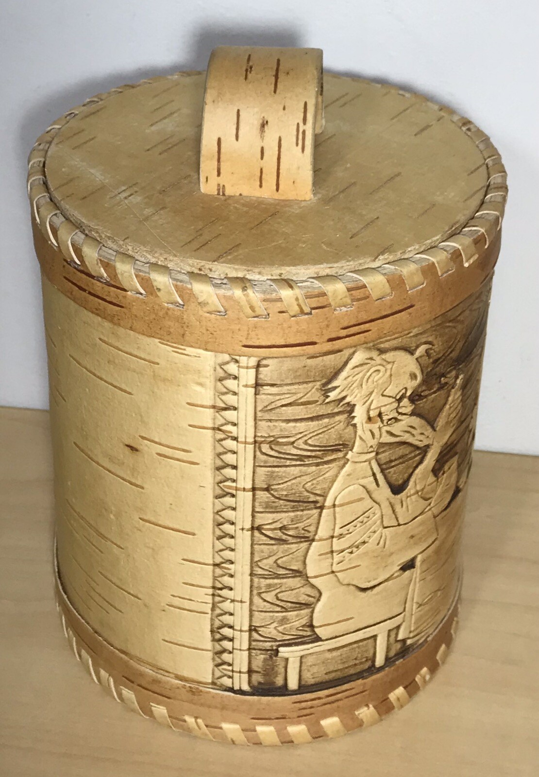 Russia Siberian Tuesa Box Russian Folk Art Birch Bark Wood Canister
