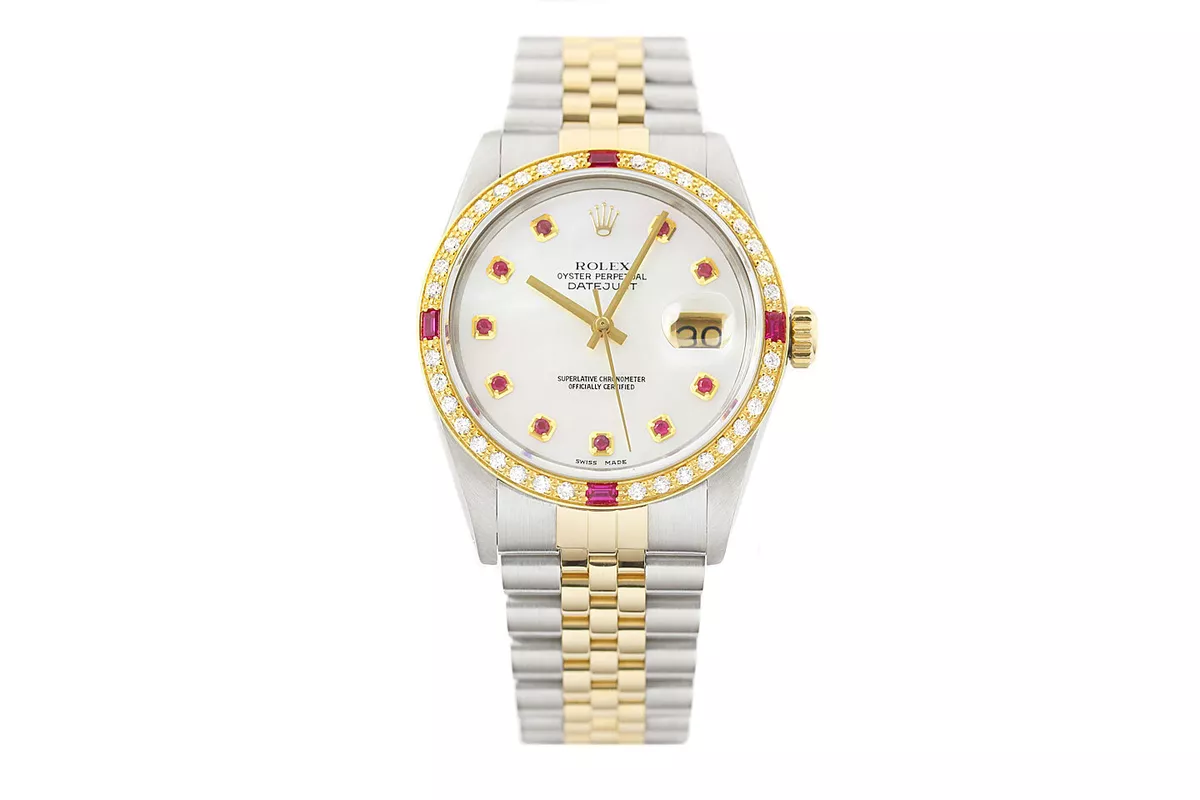Rolex Mens Datejust 16013 18K Gold SS Mother of Pearl Diamond Ruby 2 Tone Watch