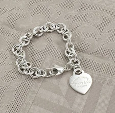 Tiffany & Co. Sterling Silver 7.5" Heart Charm Bracelet "Please Return" New York
