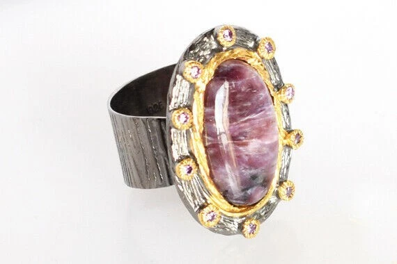 Anello da donna ovale in argento sterling 925 con pietra preziosa Charoite... - Immagine 3 di 4