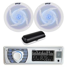 Pyle Bluetooth Stereo Receiver, 2x 4" 100W Blue Light LED Marine Speakers, Cover