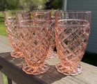 Vintage Anchor Hocking Pink Waterford/Waffle Footed Pressed Glass Tumblers Cups