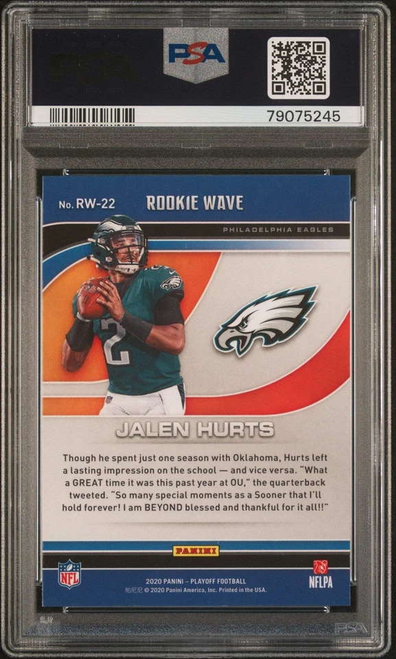 Graded 2020 Panini Playoff Jalen Hurts #RW22 Rookie Wave RC Football Card PSA 10 - Image 2 of 2