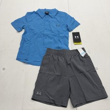 Under Armour Shirt Shorts Set Boys 5 Blue Gray UPF 50 Button 2 Piece Outfit