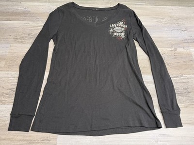 Harley Davidson Shirt Womens XL Black V Neck Rhinestone Long Sleeve Las Vegas