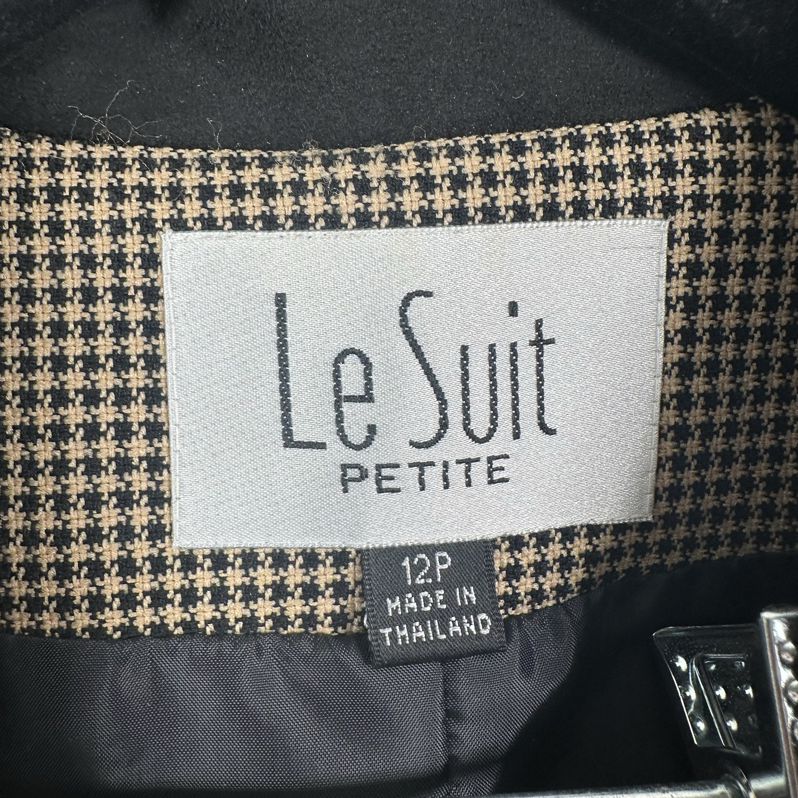 Le Suit 2 Piece Set Houndstooth Jacket Skirt Women 12 Petite Brown Classic Retro