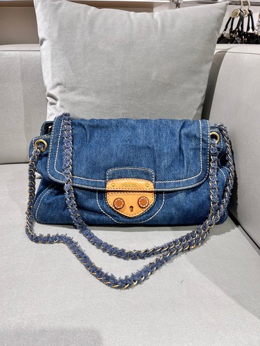 Prada  Blue Denim Pig Nose Chain Flap Shoulder Bag Vintage Pattina  Authentic