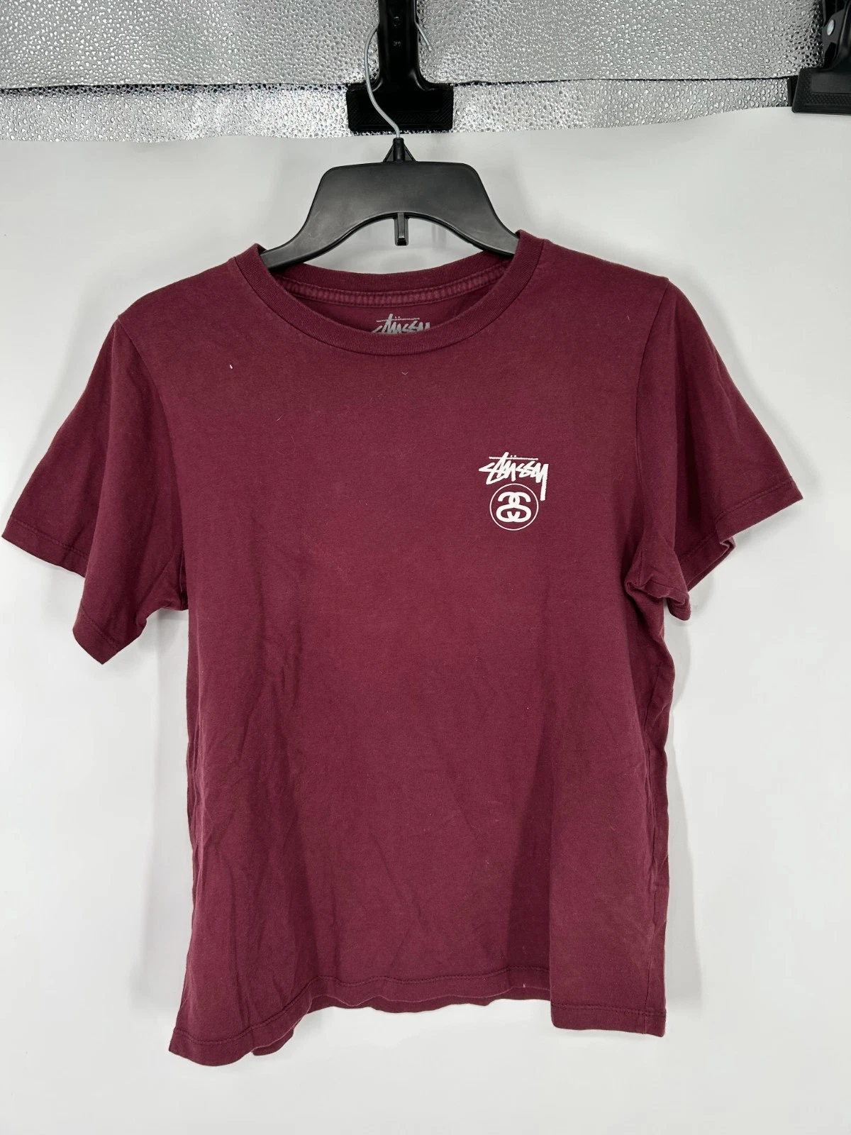 Stssy 8 Ball T Shirt Mens Small Burgundy Short Sleeve Graphic Logo Tee Maroon