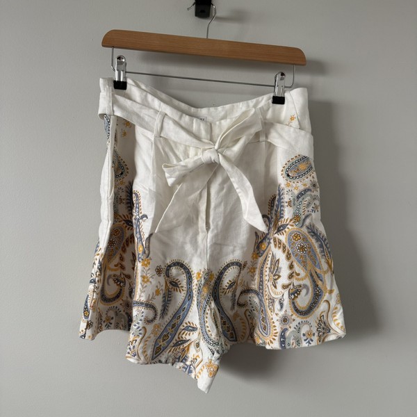 Witchery White Linen Paisley Print High Waisted Shorts Size 12 Belted