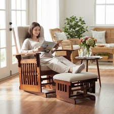 Nursery Glider Rocking Chair w/Ottoman, Cream White Padded Cushion ForBreastfeed