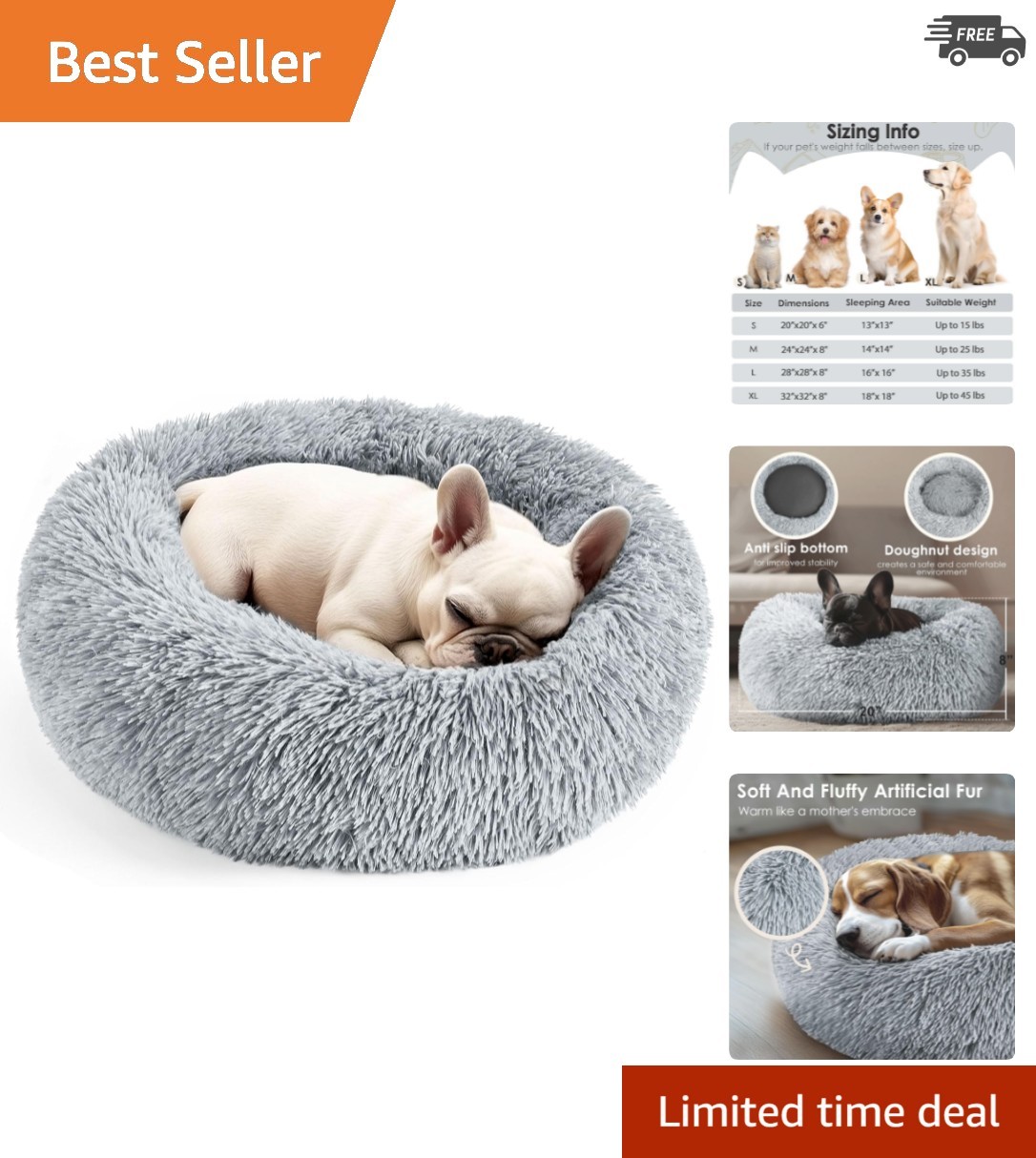 Washable Donut Shaped Pet Bed for Indoor Cats & Small Dogs - Light Grey Comfort