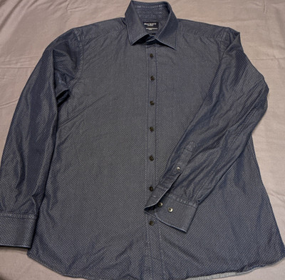 Hackett London Men's Slim Fit Dress Shirt Large Navy Blue Polka Dot Cotton