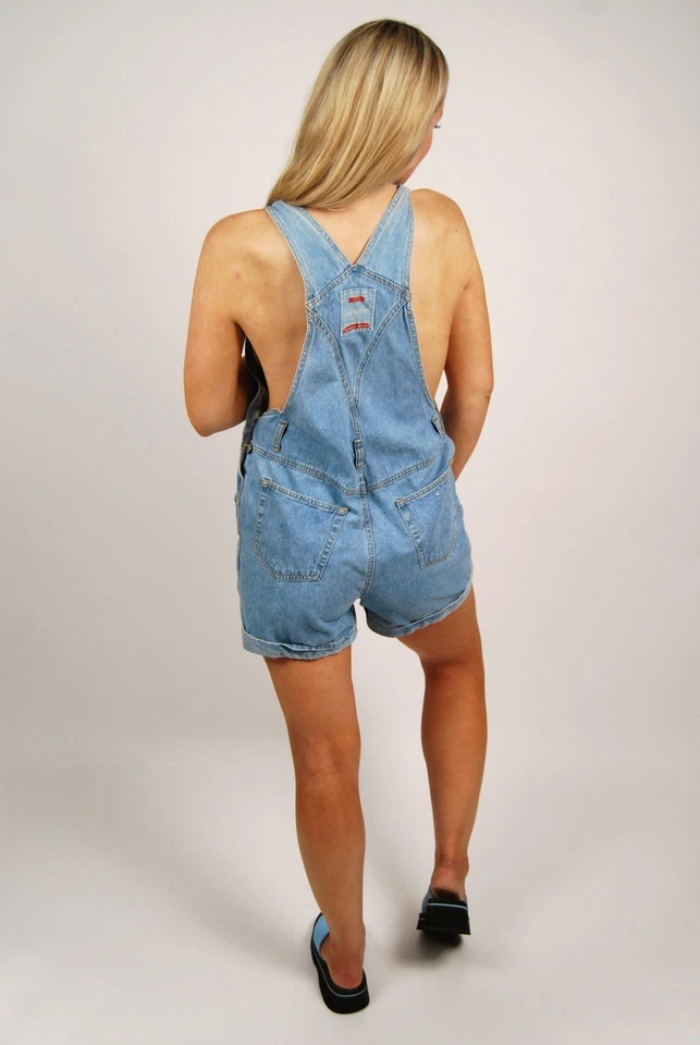 80s Shorts Overalls (S) small blue denim vintage lightwash bibs shortalls cuffed - Image 3 of 4