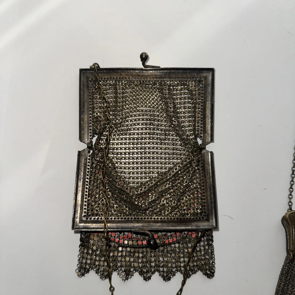 复古古董 批量 花卉艺术装饰 Flapper 搪瓷 银色 金色 金属网眼包 钱包 — 第 4/4 张图片