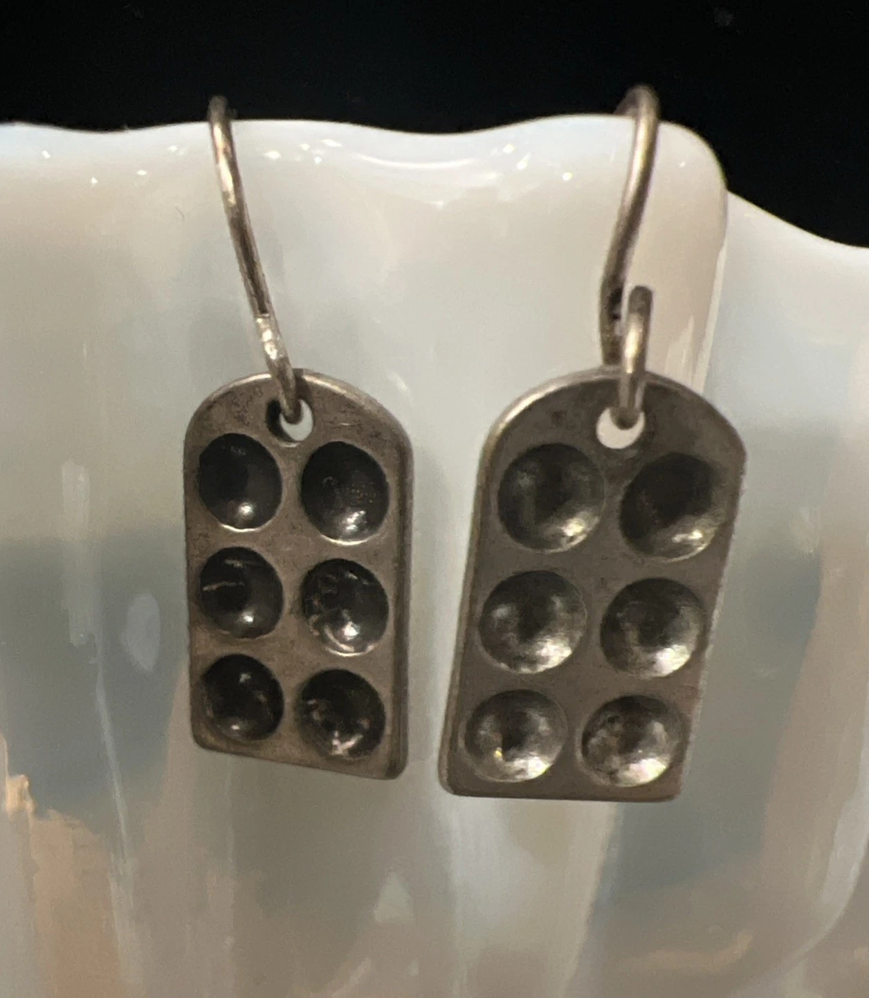Rare Unique Silver-Toned "Muffin Tin" Dangle Charm Earrings EUC