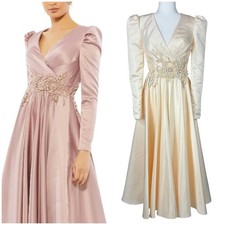Mac Duggal NWT Long Sleeve V-neck Satin Embellished Dress Pearl Cream Size 2