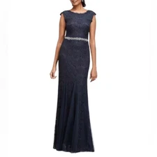 BETSY & ADAM SIZE 14 NAVY BLUE br ALLOVER LACE CAP SLEEVE MAXI FORMAL GOWN