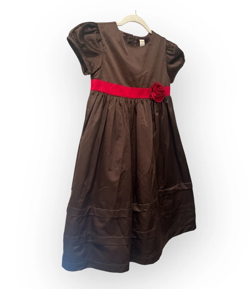 Gymboree платье девочек размер 10 коричневый атласный Puff рукав красный пояс цветок праздник - Изображение 2 из 4