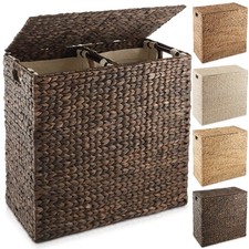 2-Section Laundry Hamper Basket w/ Lid & Liners, Woven Hyacinth Wicker Seagrass
