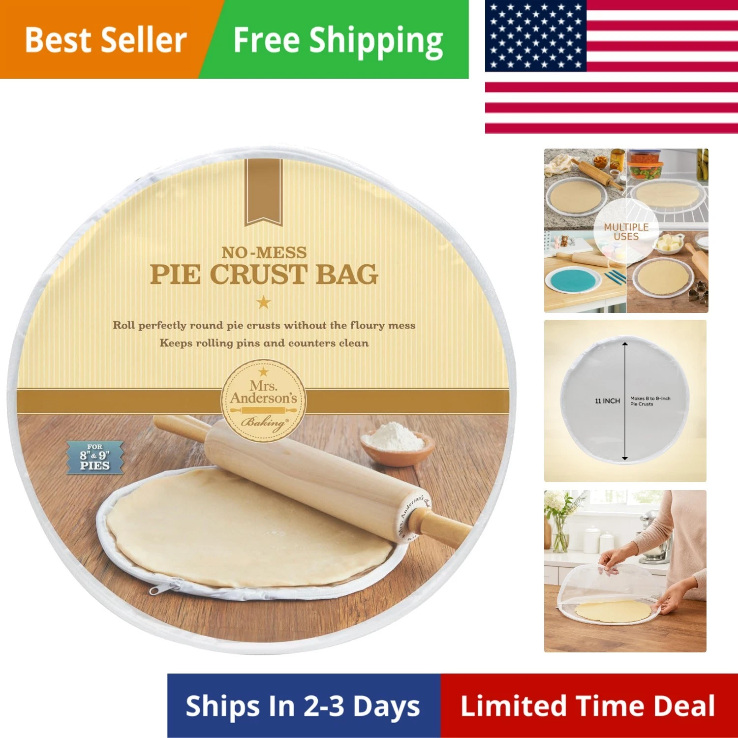 Easy No-Mess Pie Crust Maker Bag, BPA Free, Rolls 11-Inch Crust For 8 to 9-In...