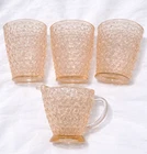 Jeannette Glass Buttons/Bows Pink Depression Glass Creamer & 3 Tumblers Diamond