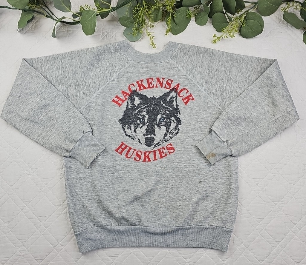 VTG 70's Heather Gray Crewneck Sweatshirt Hackensack Huskies Size S/M