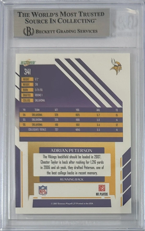 Tarjeta automática Adrian Peterson 2007 Donruss #341 NFL Minnesota Vikings BAS Encap Foto 2 de 2