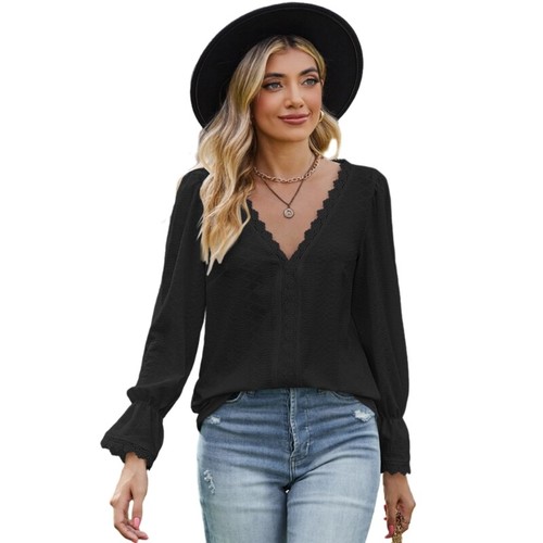 Women Flare Long Sleeve Loose Shirt Lace Crochet V-Neck Jacquard Tunics Blouse - Picture 34 of 38