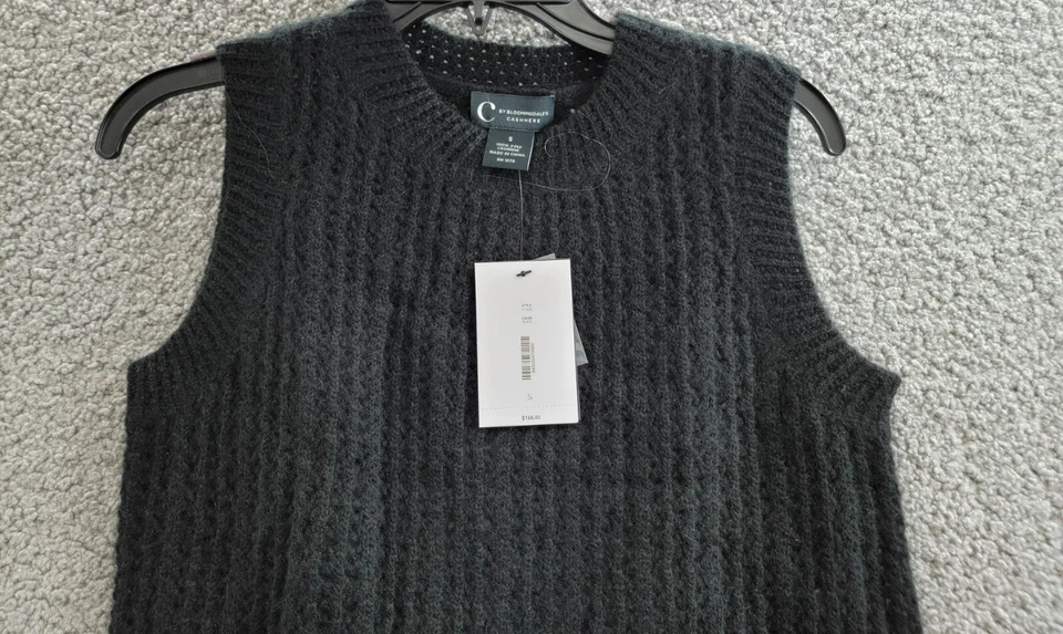 Chaleco C by Bloomingdale's Cashmere Crochet Cuello Redondo Para Mujer S Pullover Negro Foto 2 de 4