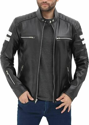 Men's Black Café Racer Jacket Genuine Lambskin Leather Motorcycle Biker Jacket