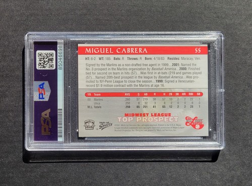 Tarjeta de béisbol Miguel Cabrera 2001 firmada por los Kane County Cougars Top Prospect Psa - Imagen 2 de 2