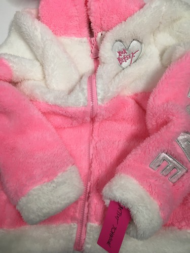 BETSEY JOHNSON GIRLS FAUX FUR PINK & WHITE HOODIE JACKET FULL ZIP “LOVE” NWT - Picture 4 of 7