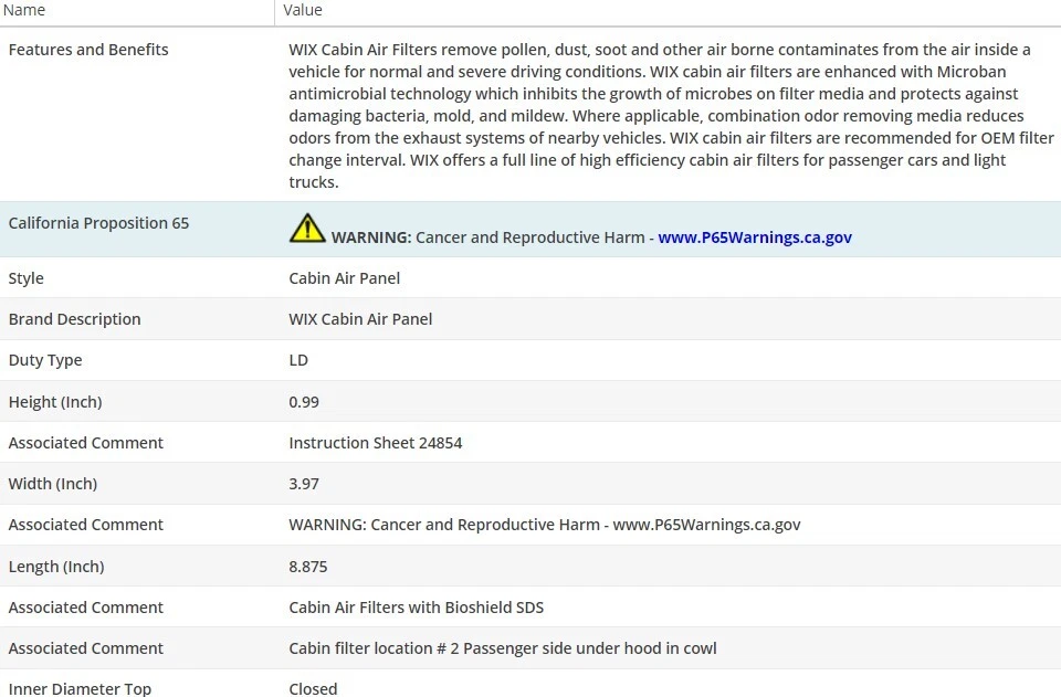 FILTRO DE AIRE DE CABINA OEM WIX para Nissan Titan XD 2020-2023 V8-5,6 L Foto 2 de 3
