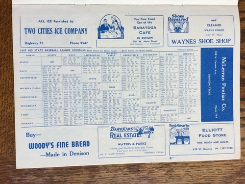 1947 Sherman Dennison Twins vs Austin Pioneers programa de béisbol Big State League - Imagen 7 de 7