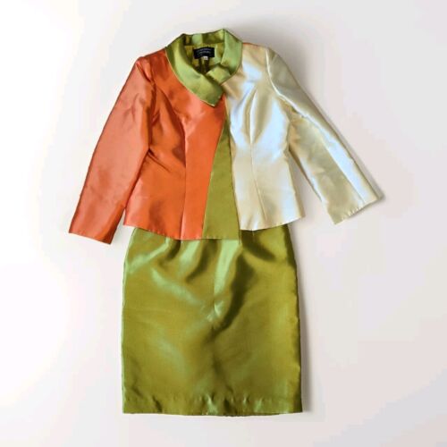 Tuta da chiesa Lily & Taylor W 12 gonna midi set 2 pezzi colore verde arancione blocco usata in ottime condizioni