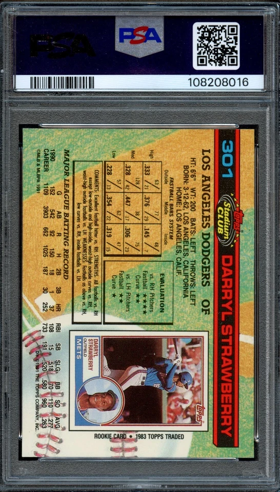 BB - 1991 Stadium Club - #301 - Darryl Strawberry - PSA 10 - GEM MT - Image 2 of 2