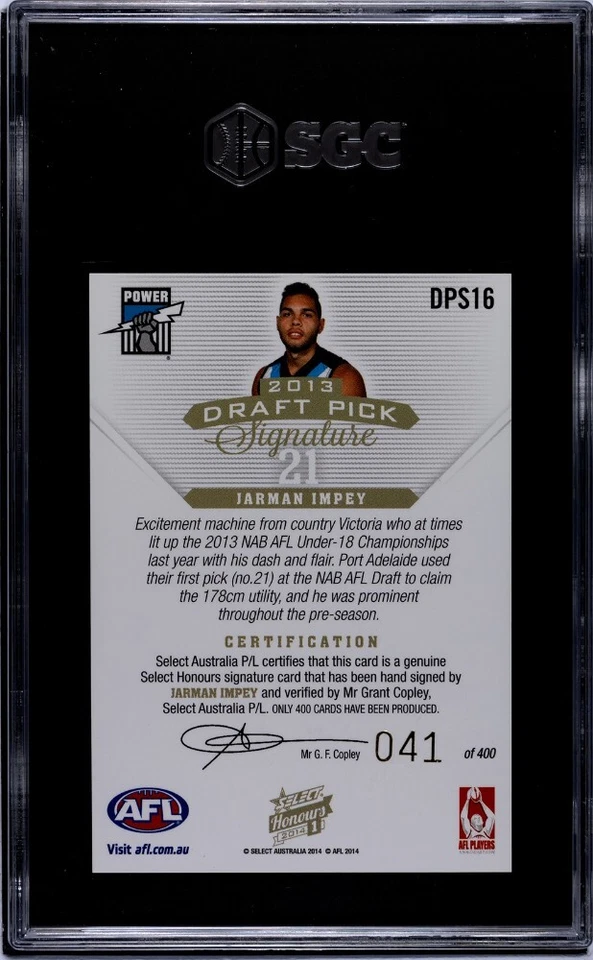 2014 Slect Honours Jarman Impey DRAFT PICK SIGNATURE Graded SGC 10 Hawthorn - image 2 of 3