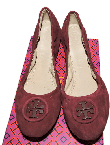 Tory Burch Allie Ballerina Flats Burgundy Logo Minnie Reva Suede Ballet Shoe 7 - Picture 2 of 6