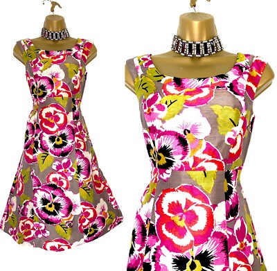Kleid MONSOON Größe 8 hell geblümt bunt Aline Leinen Seide Mix Sommer sehr guter Zustand