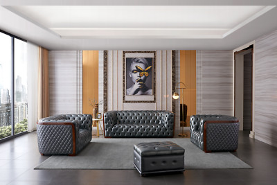 ESF Furniture 415 Grey Leather Sofa, Loveseat, Chair Living Room Set 