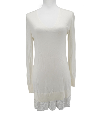 White House Black Market Lace Hem Tunic Sweater Small Ecru Long Sleeve Knit