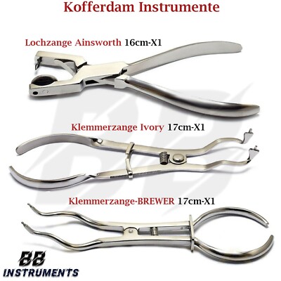 3er Kofferdam kit Ainsworth Lochzange Ivory Separierzange Klammerzange Zahnarzt