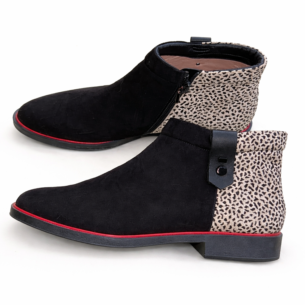Beautifeel Ankle Boots EU Size 41 Black Suede Leopard Print Red Low Heel Zip
