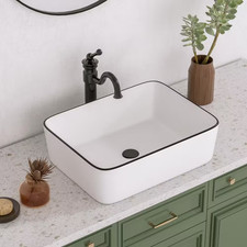 Rectangular 19 In. Vessel Bathroom Sink in White and Black Ceramic with Faucet N