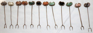 L5 Vintage 12 MCM Cocktail Picks Olive Cheese Forks Multicolor Stone Barware Set