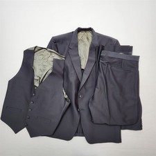 Vtg USA MADE 44L 42x32 Gray Striped Heavy Poly 3 Piece Vest Waistcoat Mens Suit