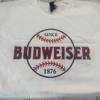 Budweiser Baseball Since 1876 White Men s XL Tshirt NWOT Laces Red Blue Classic