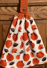 Double hanging kitchen towel Fall autumn pumpkin football crocheted orange top